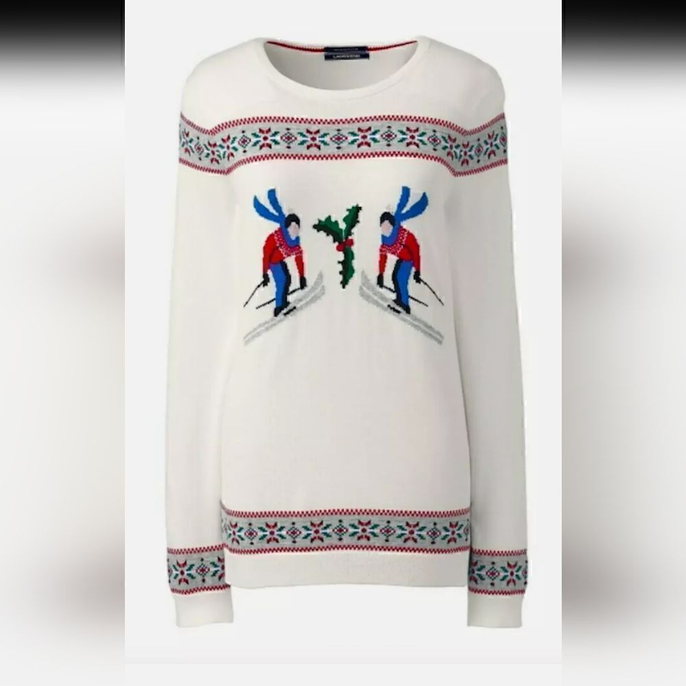 Lands End Ski FairIsle Design 100% Supima Cotton Sweater White Winter M MT